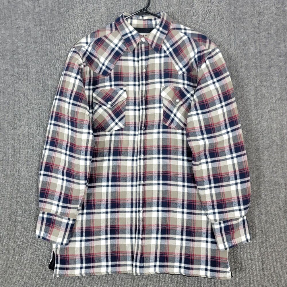 Vtg Ely Cattleman Shirt Jacket Men M Blue Tan Quilted Flannel Pearl Snap Shacket